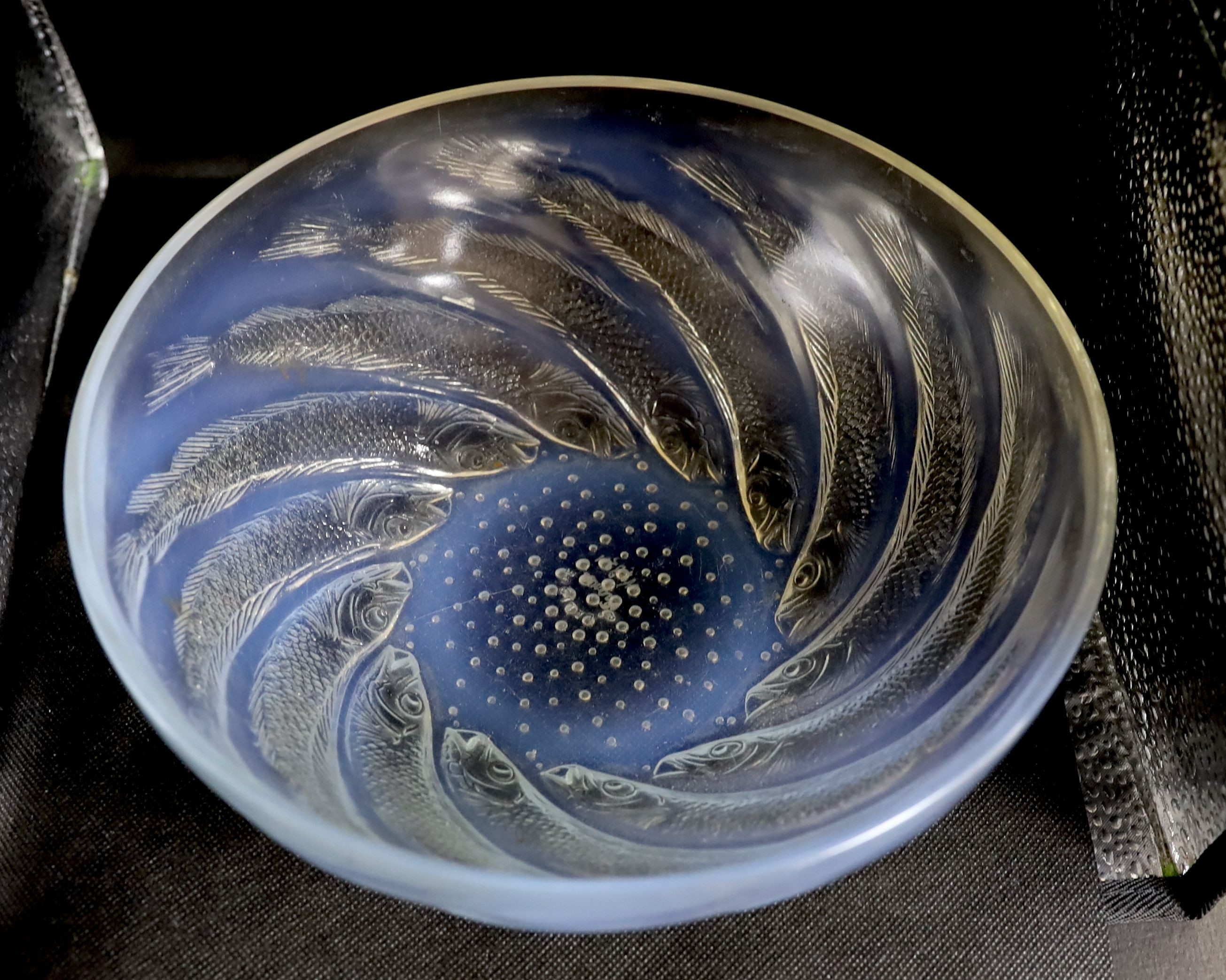 A Lalique Poissons bowl, No. 3211, 24cms diameter.